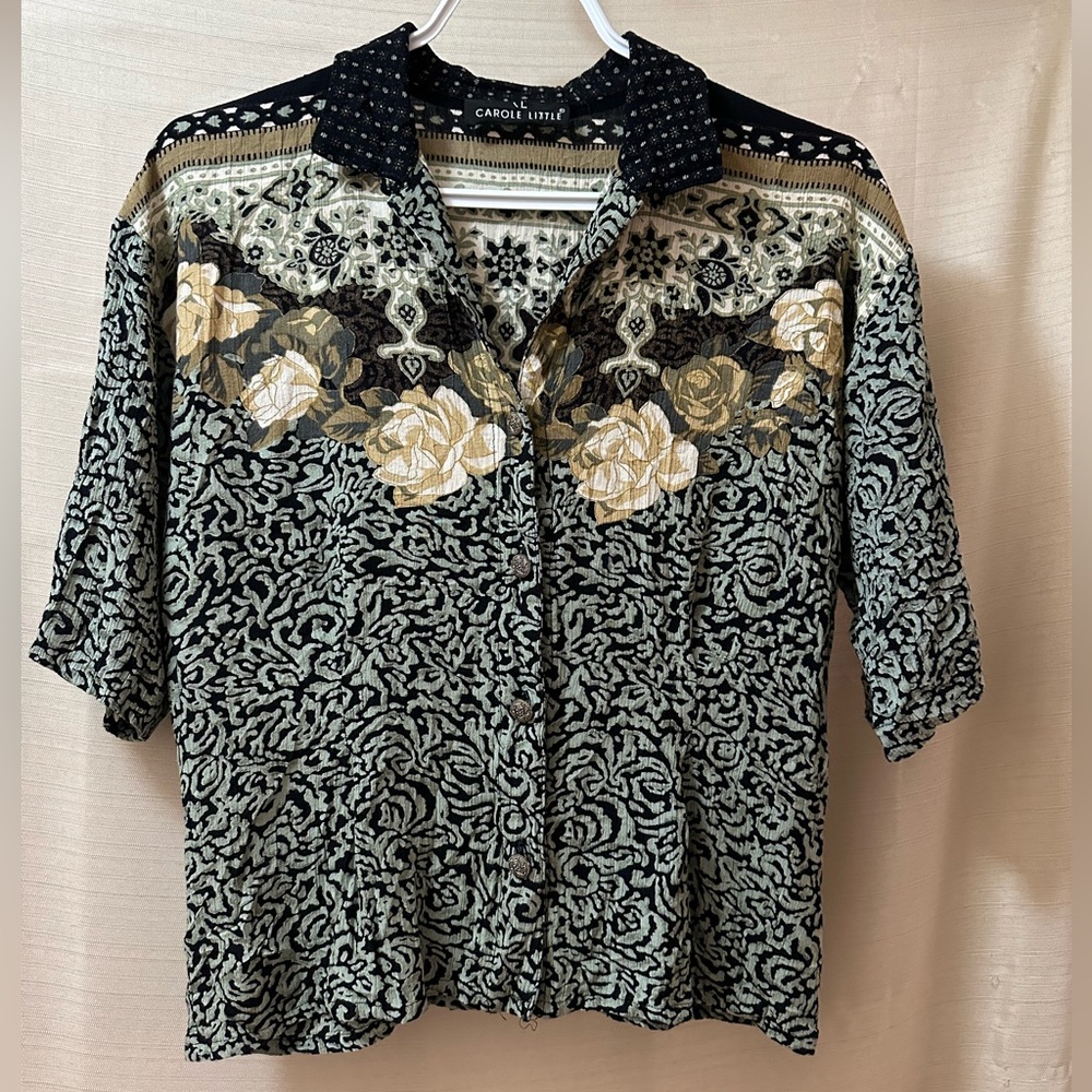Vintage 90s Carole Little Button Up Shirt Floral Tapestry Boho Small Retro